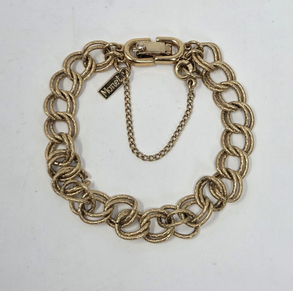 Monet Vintage Gold Tone Double Link Textured Chain Bracelet Safety Chain 7"